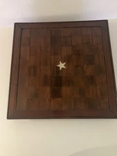 ANTIQUE HANDMADE WOOD MARQUETRY GAMIN CHESS CHECKER BOARD FOLK ART  STAR CENTER