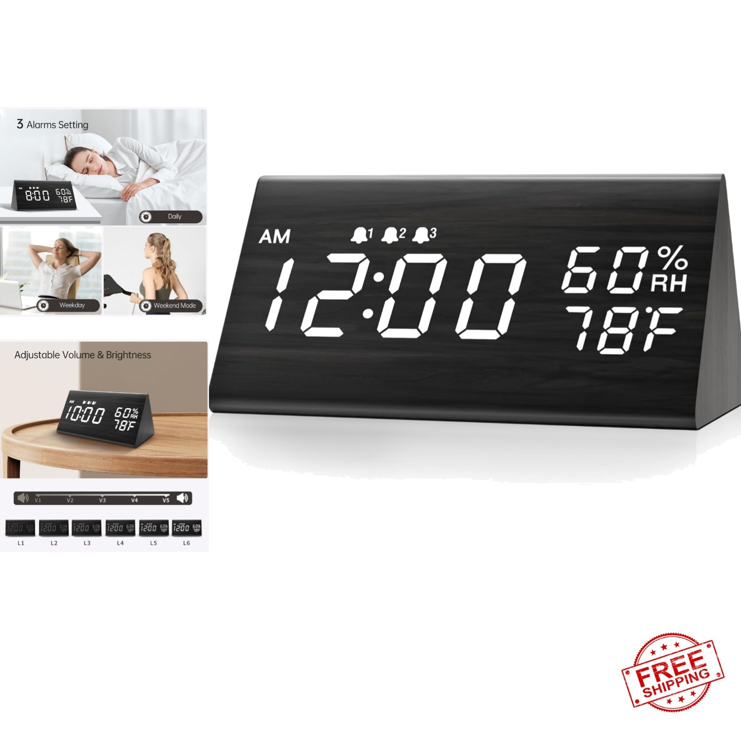 Modern LED Alarm Clock in Wood Finish - Triple Alarm & Brightness Adjustable
