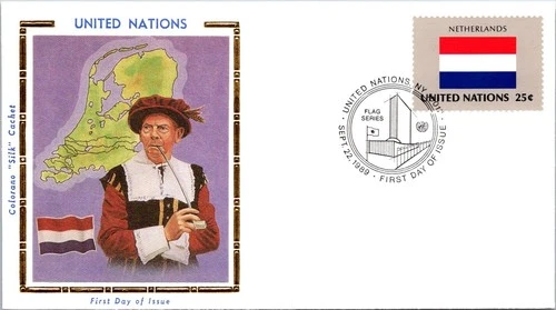 S08-0947, FLAGS OF THE UNITED NATIONS, NETHERLANDS, COLORANO SILK FDC
