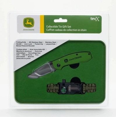 JOHN DEERE TecX Tin Set Folding Knife 420 Stainless Steel And Paracord Bracelet