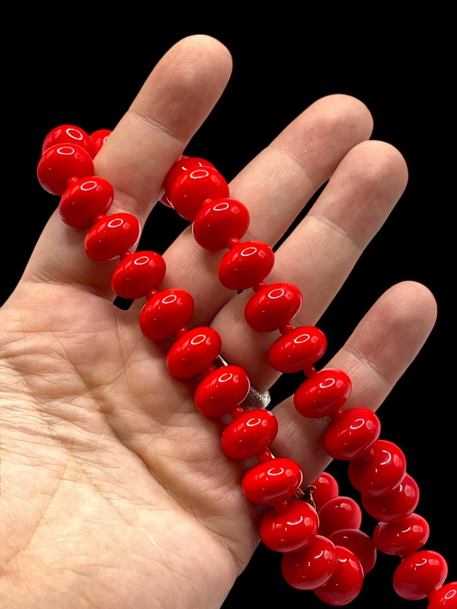 Vintage Possibly Czech Glass Red Oval Saucers Beaded Necklace Statement View 4