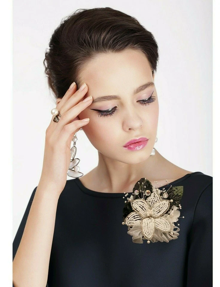 Corsage Black White Rhinestones Wedding Prom BEADED LILY or 2pc with Boutonniere - Image 2 of 2