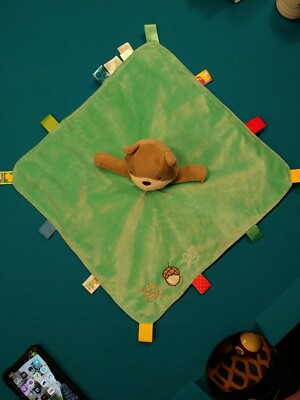 Taggies Gray Bear Lovey W/Smooth Tags on edge, teal/green with acorn embroidery