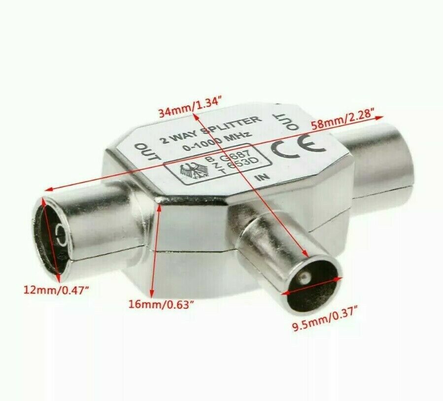 2-Way Coax TV Aerial Cable Splitter - 1 Male To 2 Female RF Adapter, UHF, Silver, Mr.Gadget's Solutions