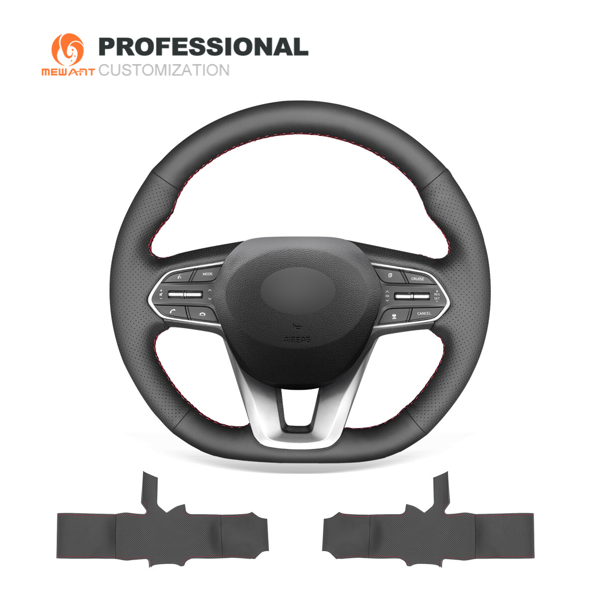 Black Genuine Leather Car Steering Wheel Cover for Hyundai Santa Fe 2018-2020