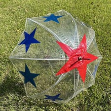 New Vintage MACY's Hand Rain Umbrella Clear Classic Red Blue Stars Patriotic