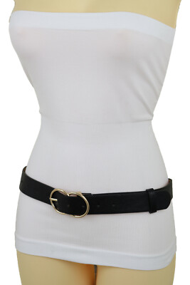 Femme Noir Simili Cuir Cocktail Fête Ceinture Hip Taille Métal Or