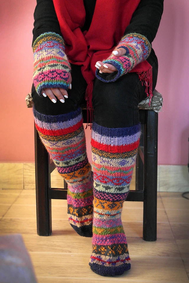 Calcetines hasta la rodilla de lana color mezclado azul rosa y verde, calcetines regalo Navidad Foto 3 de 4