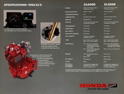 1986 Honda XL250R XL600R 6-page Brochure Literature | Paper