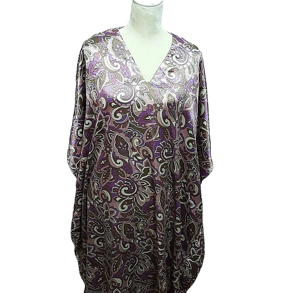 Caftán Winlar vintage para mujer talla única satinado púrpura floral mod relajado Foto 2 de 4