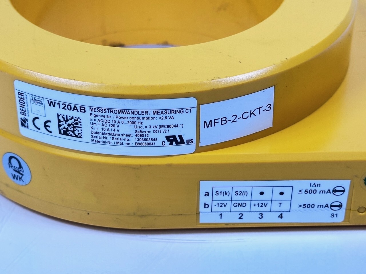 BENDER W120AB B98080041 CURRENT TRANSFORMER 800 V (VOLT) 10 A (AMP ...