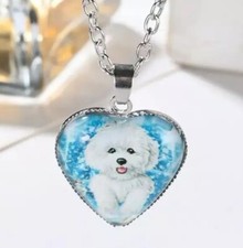 Cute White Puppy Dog Pendant Necklace Heart Shaped Glass Jewelry Adorable NEW