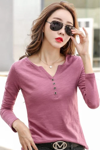Womens Cotton Long Sleeve T Shirt Loose V Neck Slub Cotton Casual Blouse Tops US - Bild 8 von 49