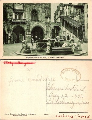 Bergamo Citta Alta Piazza Garibaldi Italy Vintage Postcard Handwritten Stamped