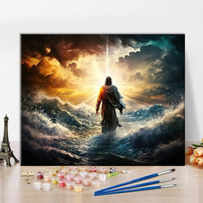 Jesus Paint by Numbers Kit, Figure of Jesus Walks on Water on Beautiful Sunset P