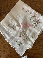 Hankie Hankerchi Embroidered "MOTHER" With Floral pink white Roses 10" x10"