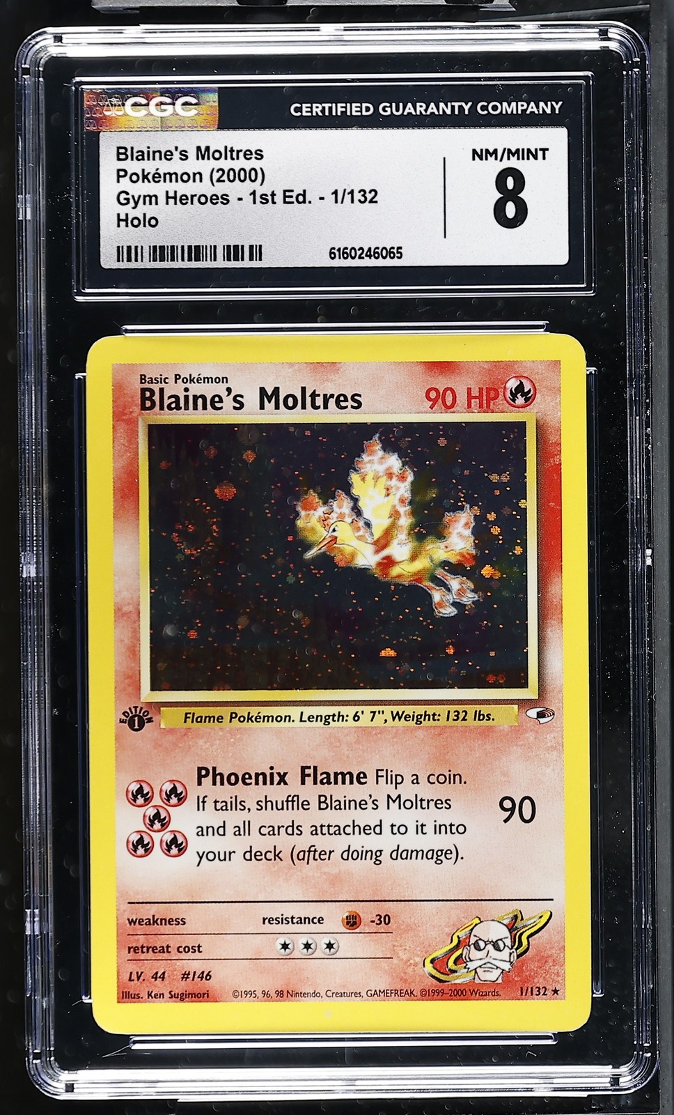 CGC 8 Blaine's Moltres 1/132 Gym Heroes 1st Edition Holo Swirl Pokemon Card