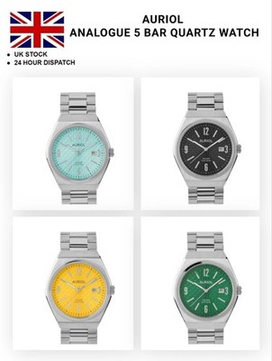 Auriol Analog 5 Bar Quarzuhr mit Kalender - Stahlglied - Geschenk für Ihn
