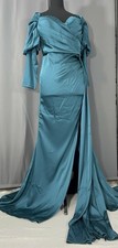 Green Satin A-line Long Sleeve Prom Gown Wedding Guest Cocktail Evening Dress J