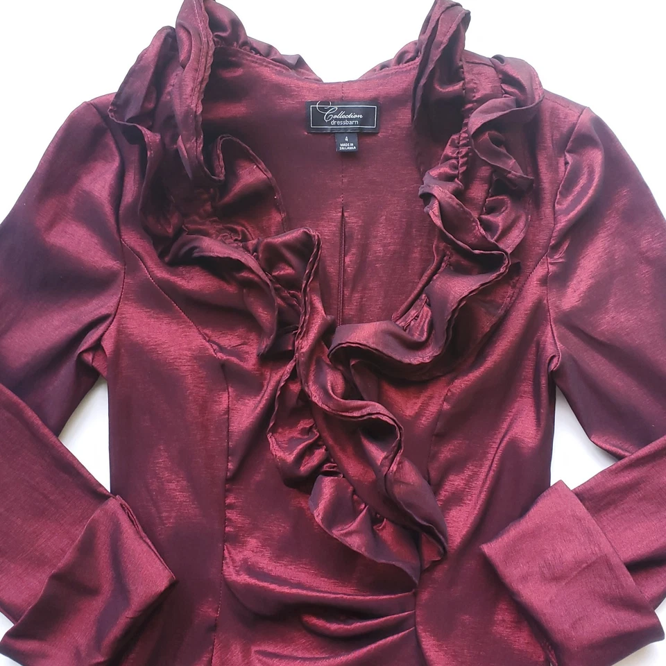 Blusa Top con Volantes para Mujer 4 Borgoña Metálica Vino Acanalada Elastizada Cachicha Vamp Foto 4 de 4