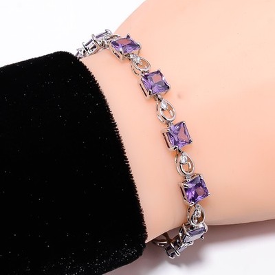 Purple Amethyst, CZ 925 Sterling Silver Adjustable Bracelet 7-8'' B127728