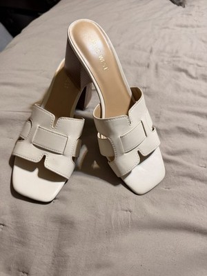 Nine West White Block Heel Slide Sandals Size 8.5 Square Toe
