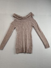 Guess Women Sweater Dress S Beige Cable Knit Off Shoulder Long Sleeve Comfort