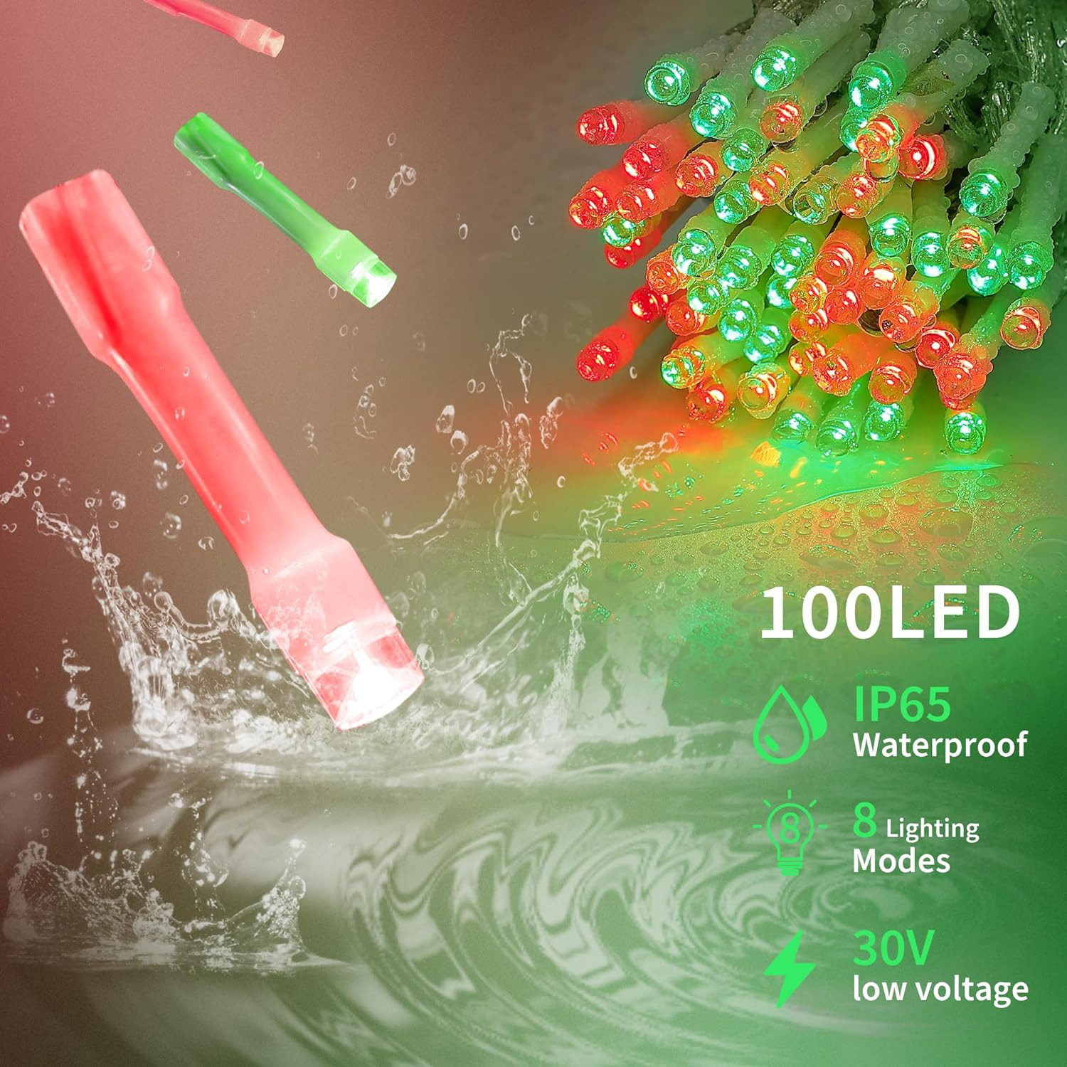 Red and Green String Lights, 33Ft 100 LED Christmas Lights Plug In,8 Modes Twink