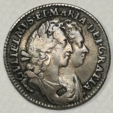 1693 William & Mary Silver Sixpence Coin with small counter stamp