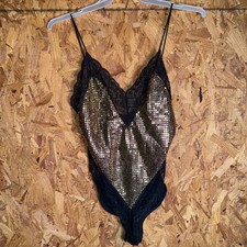 VTG Gold Sequin Black Lace Bodysuit Glam Edgy Coquette Bow Made in USA Medium