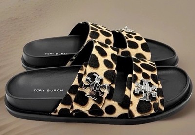 TORY BURCH T-LOCK SPORT SLIDE PRINTED HAIR CALF TRENCH/PERFECT BLACK SZ US 9 NIB