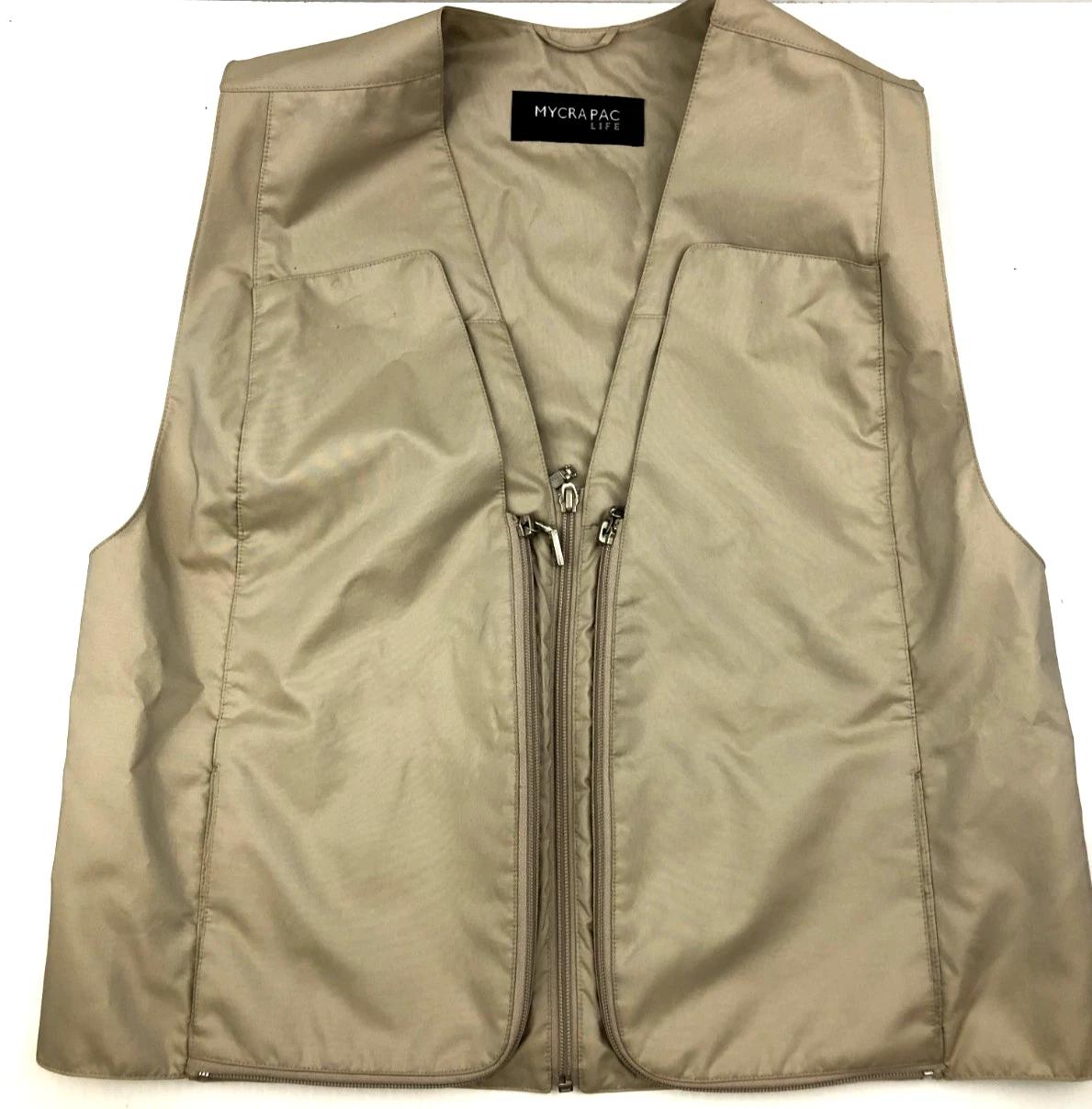 Mycrapac Life Tan Men’s Vest Pockets Fishing Outdoor Zip Up Size SM/MED W/ Bag