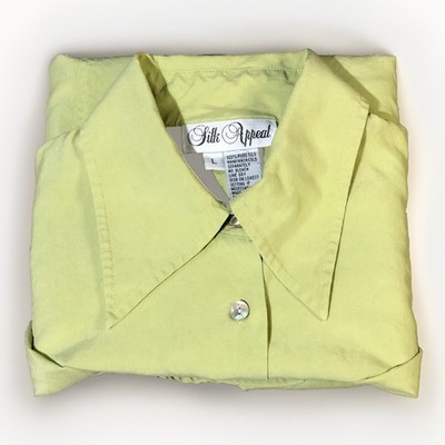 SILK APPEAL Top Womens L Light Green Button Up 100% Silk Y2K Long Sleeve Casual
