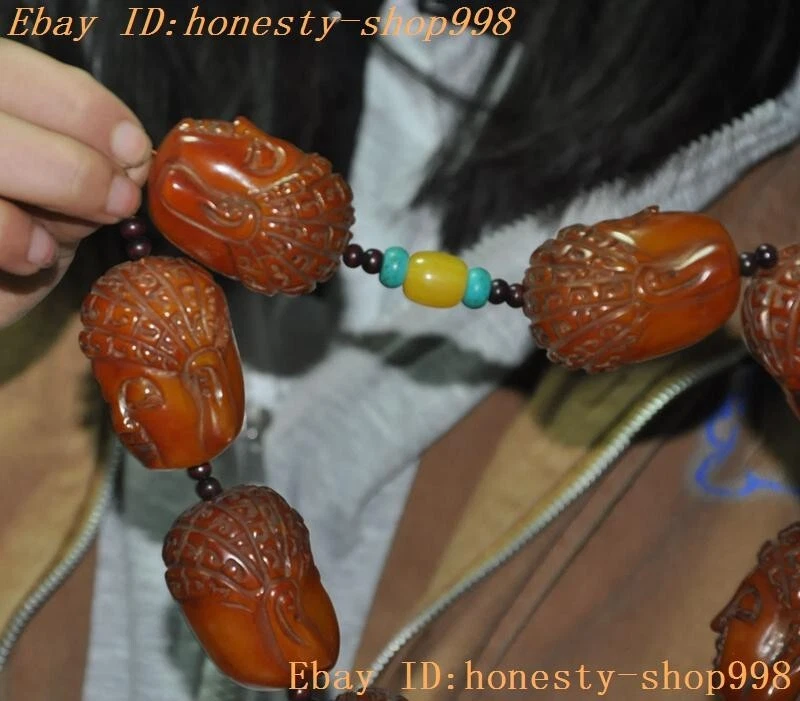 10" Tíbet Artificial Ámbar Talla Shakyamuni Cabeza de Buda Estatua Exorcismo Collar Foto 2 de 4