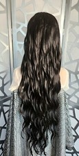 34" Long Curly Black Wig Lace Wig Human Blend Wavy Black Wig Light Density Heat