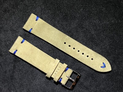 02 Straps Tan Vintage Suede Leather watch band strap 22mm Blue Stitching