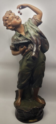 Sculpture Enfant Gourmand, C'est bon les cerises, Années 20, Plâtre, France - Afbeelding 1 van 16