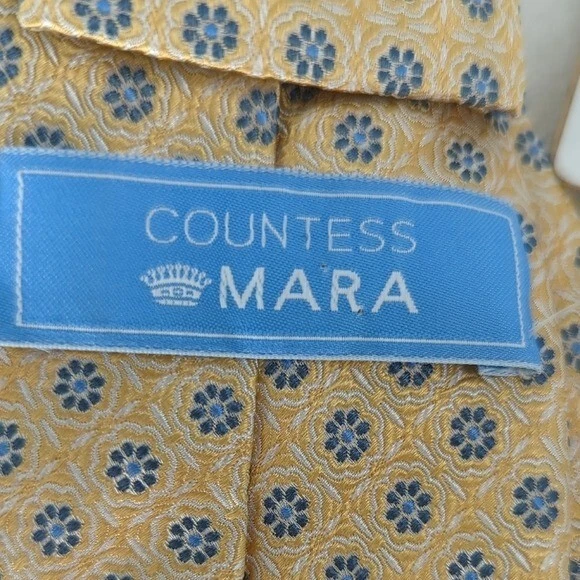Corbata condesa Mara Jacquard Floret Seda Cuello Dorado Azul Delgada Preppy Negocios Foto 3 de 4