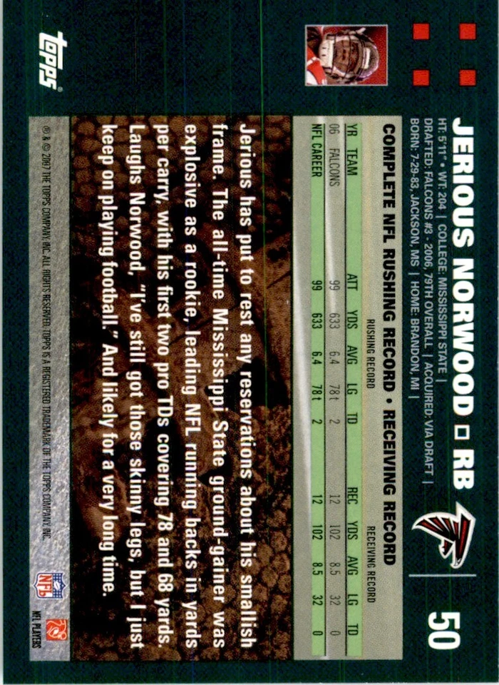 2007 TOPPS JERIOUS NORWOOD ATLANTA FALCONS #50 - Image 2 of 2