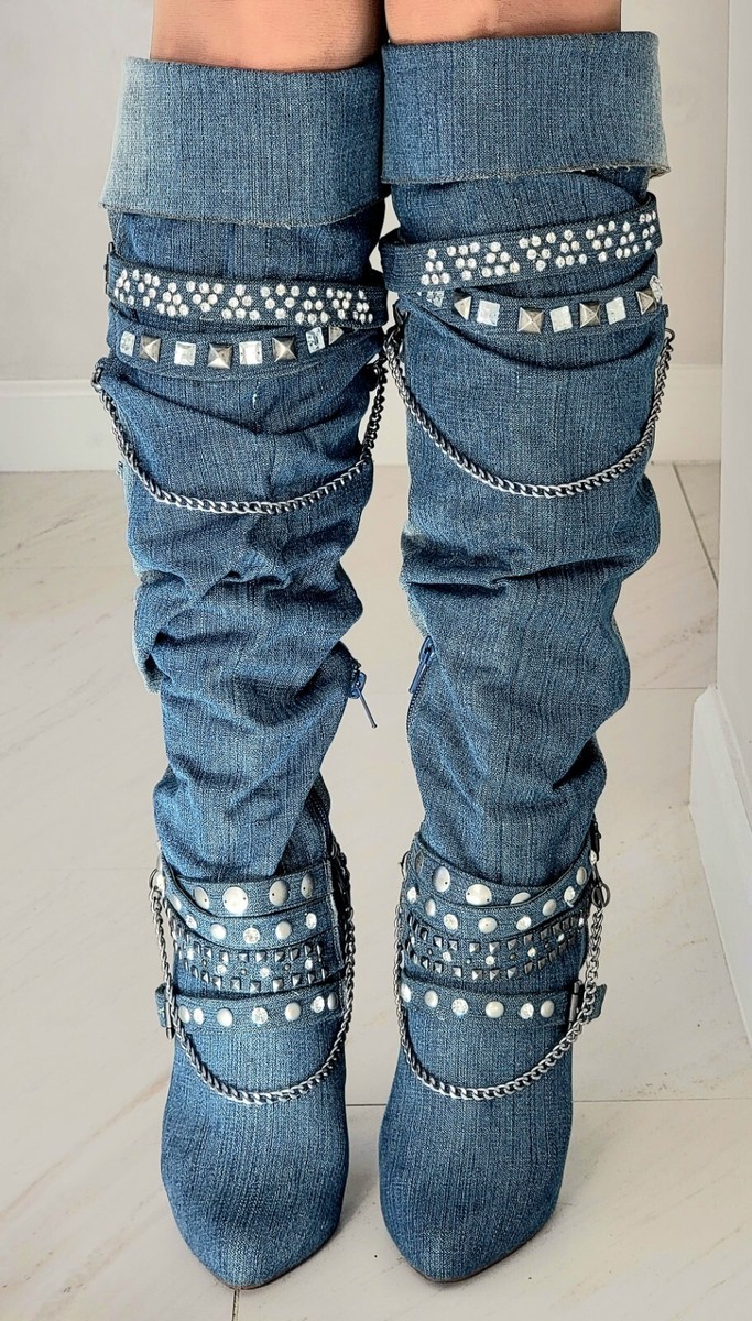 Patient Blue Denim Knee high boots Size 7M Rock & Candy by