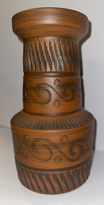 Vintage German Klinker Pottery Vase Carved Swirl Circle Marked Handarbeit