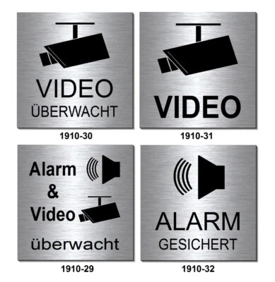 DESI-SCHILDER Alarm-Video-Überwachung-Aluminium-Edelstahl-Optik-Schild-10 x 10 cm-Warnschild