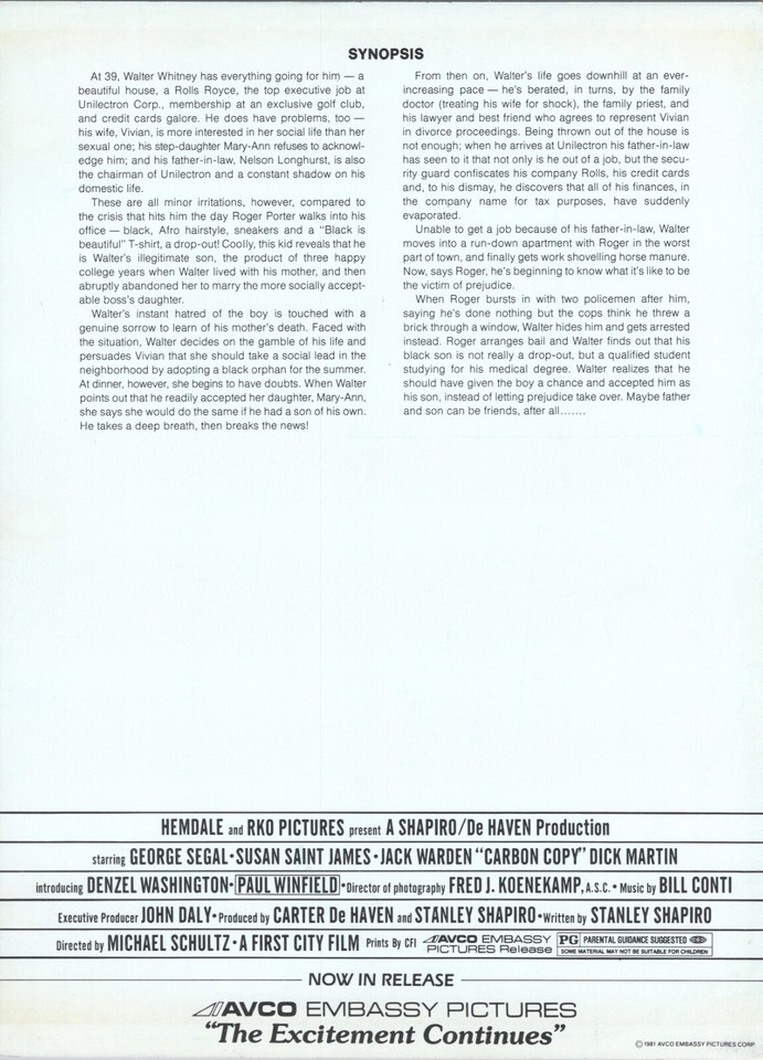 1981 Carbon Copy Segal Susan Saint James Jack Warden Denzel