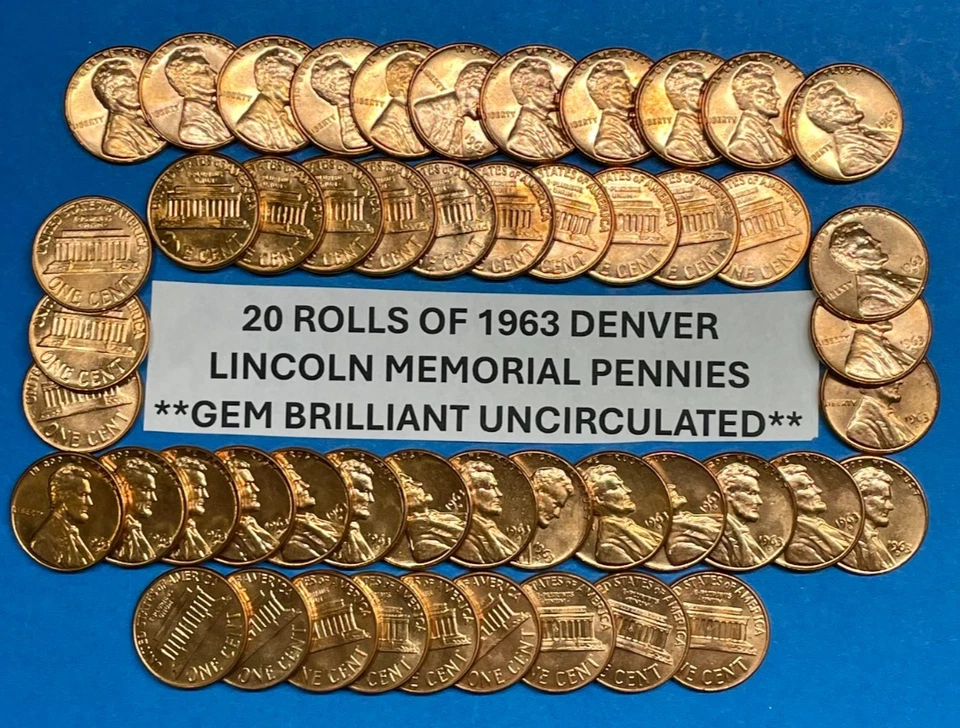 1963-D Lincoln Memorial Penny Lot of 20 BU Rolls ~ 1,000 GEM BU 1963-D Pennies - Image 2 of 4
