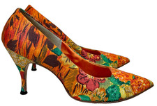 VTG 1960s LEEDS QUALICRAFT Hawaiian Print Floral Fabric Heels Pumps 10B fits 8 9