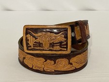 Vintage Hand Carved Western Leather Belt With Longhorn Steer Buckle Size 32