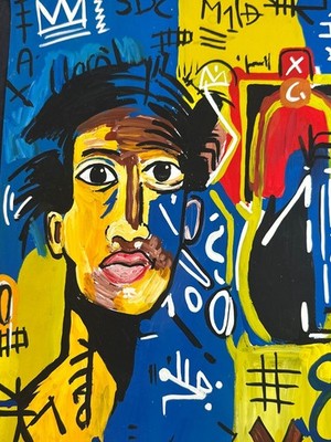 basquiat drawing and painting on old paper signed stamped vintage