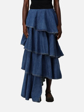 Ala�a Women's Blue Denim Ruffled Asymmetric Spiral A-Line Skirt Size 36