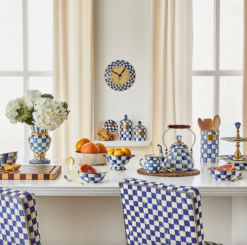 Tarro de galletas con tapa esmaltada, tarro grande de vidrio Royal Check azul y blanco Foto 3 de 3