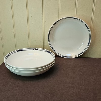 4 Studio Nova MARQUIS Black/Blue Geometric Bands 8  Coupe Soup Bowls P4110